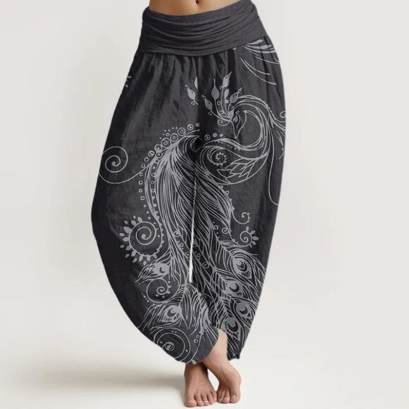 Buddha Stones peacock design women's elastic waist harem pants - Picture 1 of 5